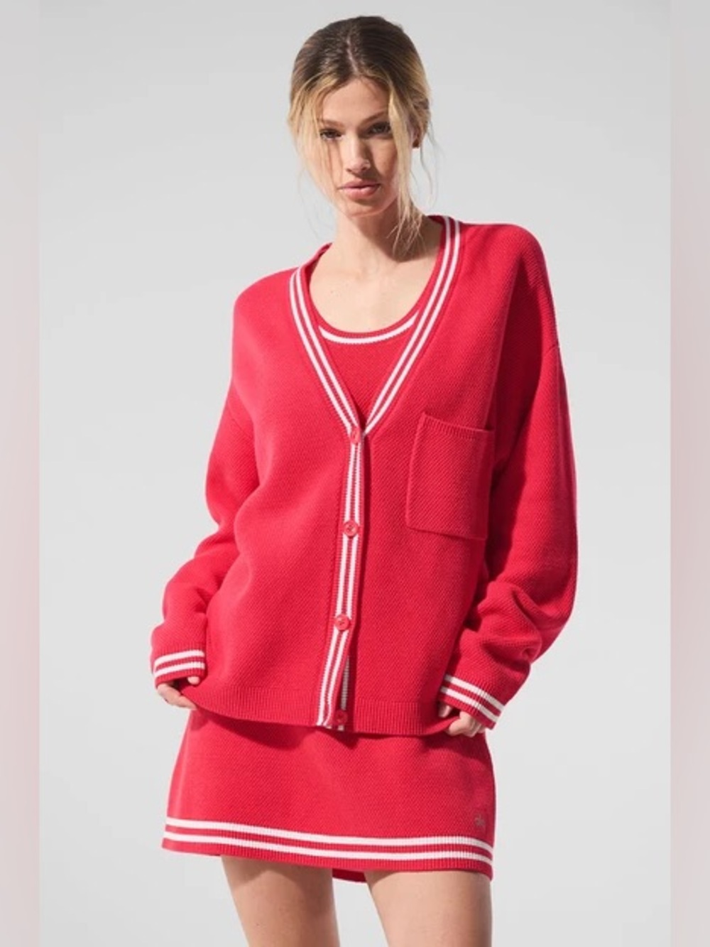 Alo Tennis Club Sweater Knit Cardigan in Candy Red/White 🎾 • Size S